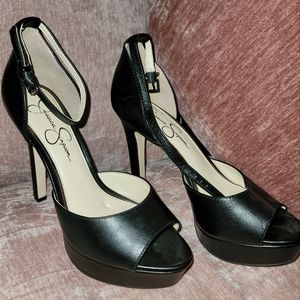 Jessica Simpson Black Platform Peep toe Pumps w/ Ankle Strap 7.5 M